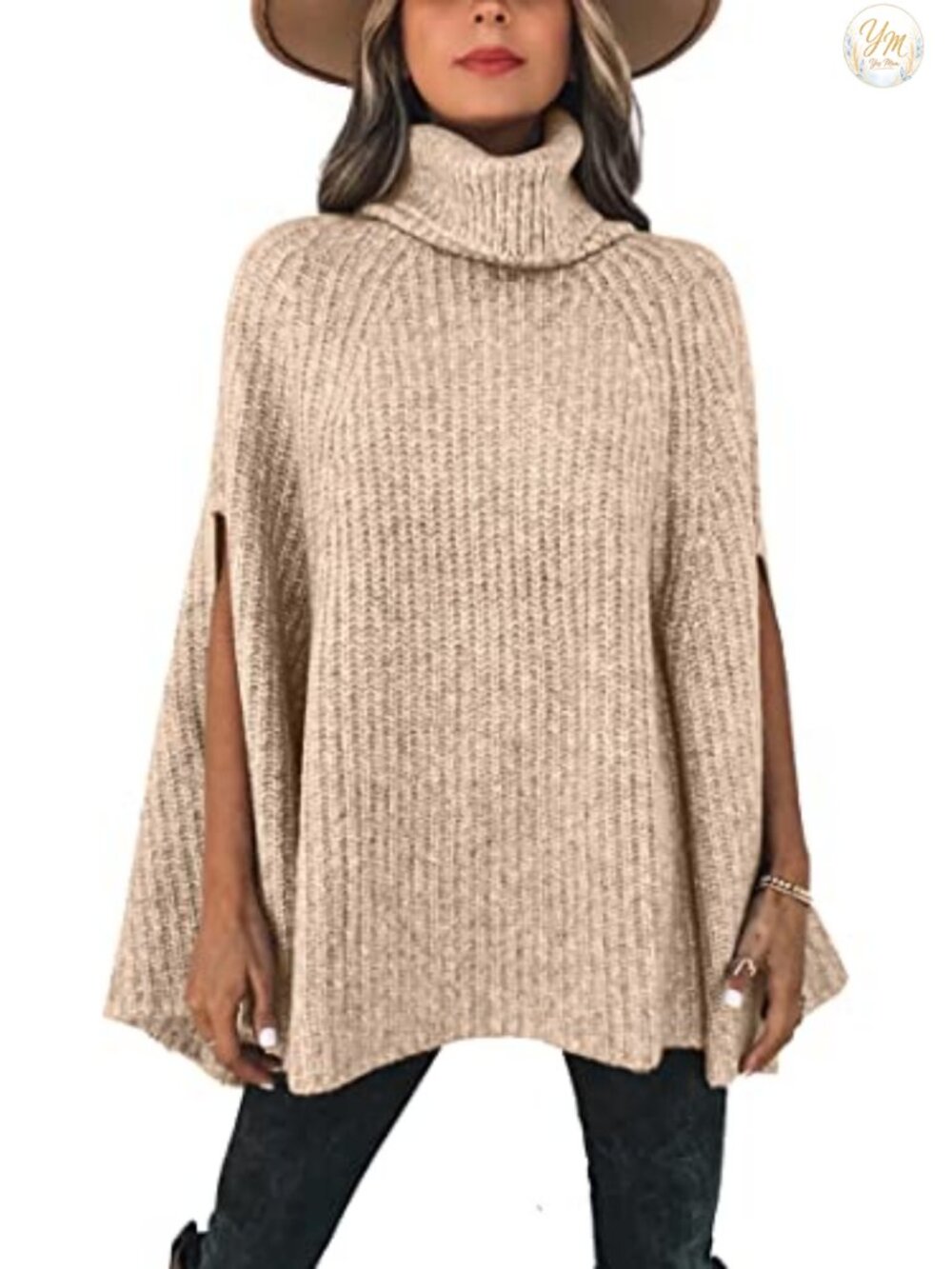 Chunky Knit Turtleneck Poncho Sweater Women Long Sleeve Winter Pullover